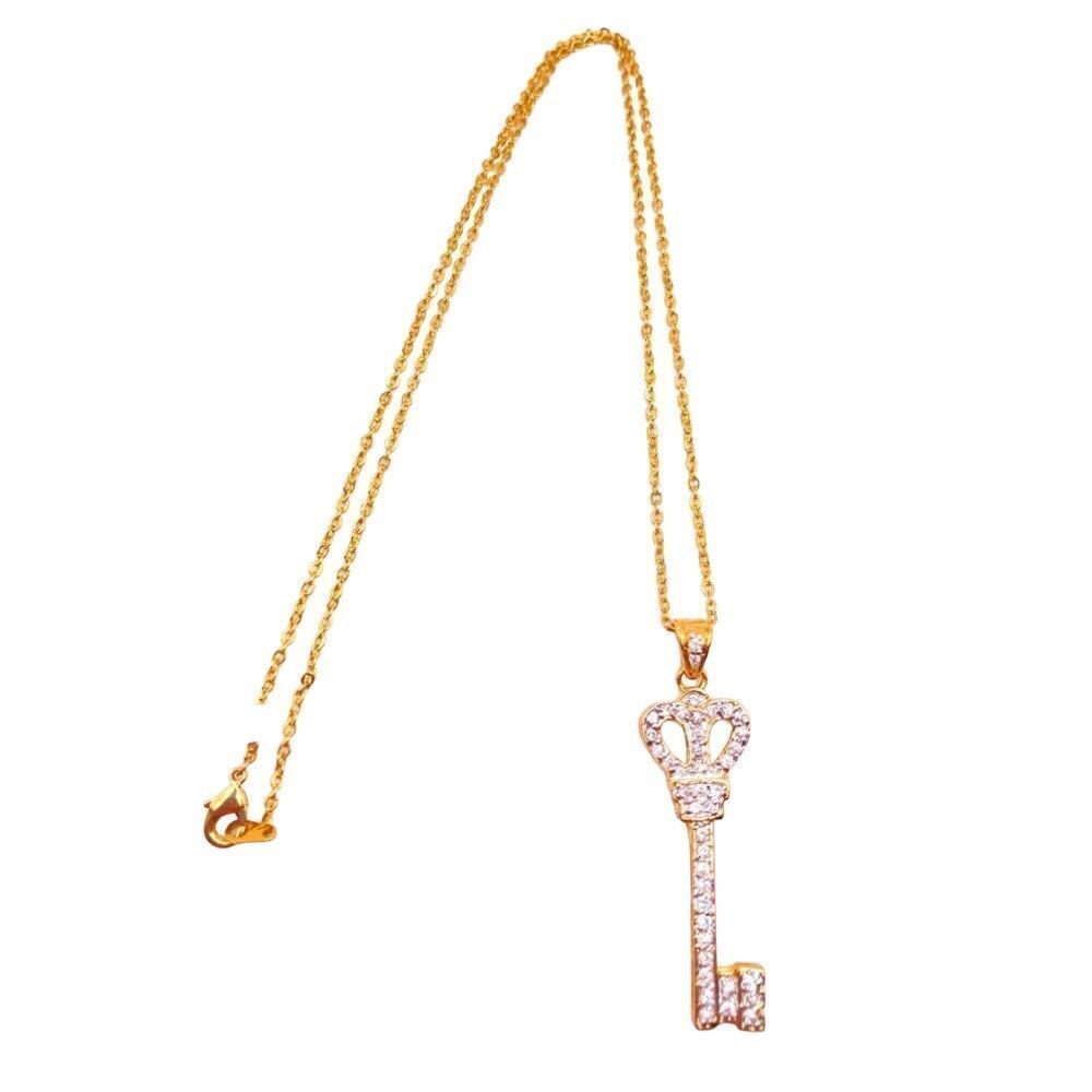 Gold Rhinestone Antique Key Pendant Necklace